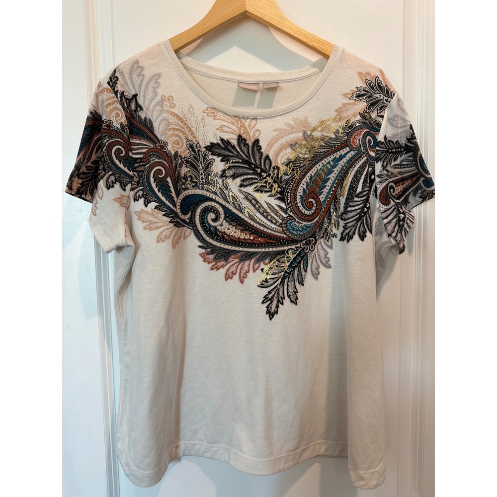 Chicos Zenergy Paisley Graphic Tee Cream Embellished Short Sleeve Top Size 2 L